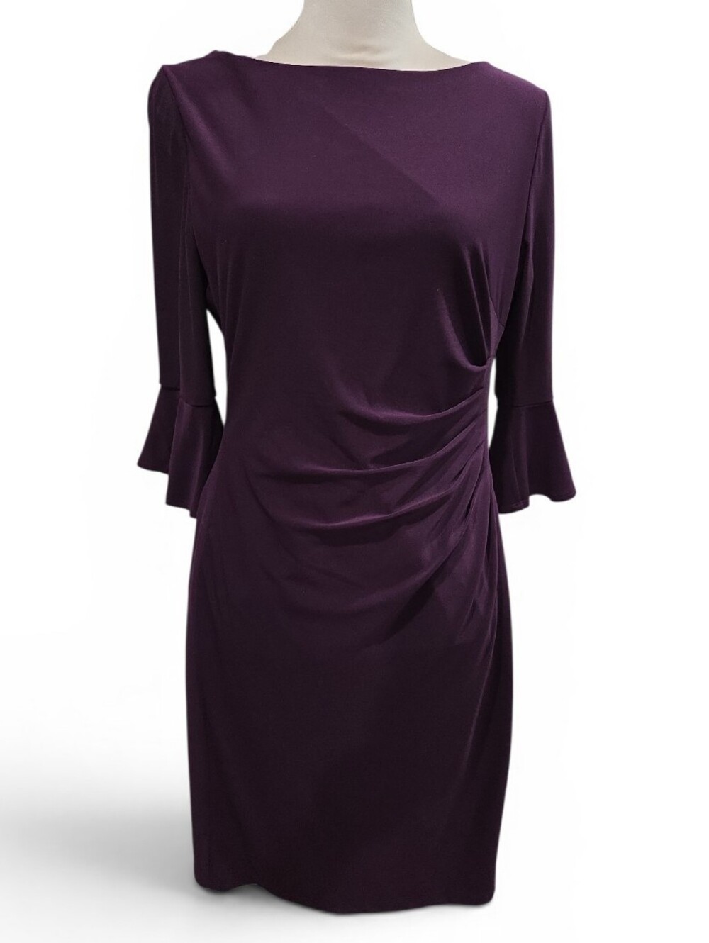 Ralph Lauren Plum Ruched Midi Dress with Bell Sleeves Size 10